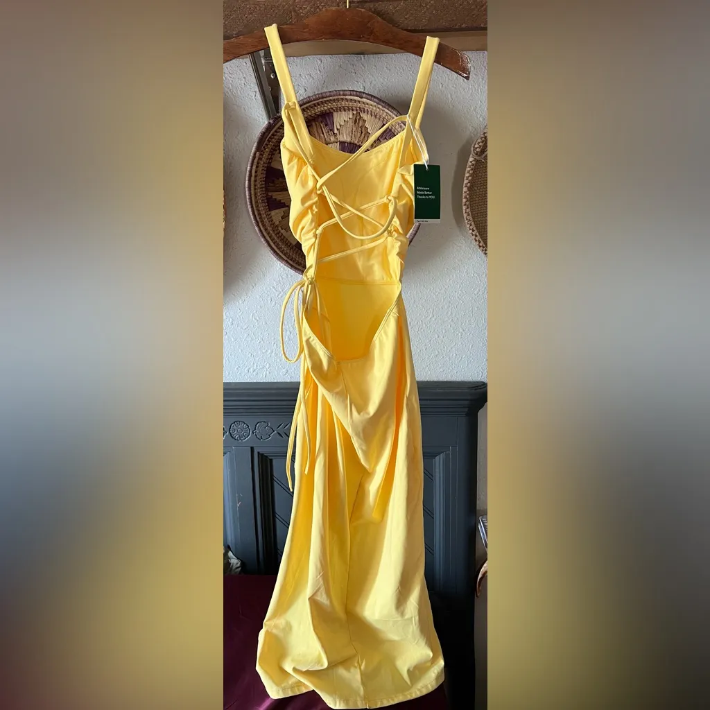 Halara Ruched Backless Crisscross LaceUp Split Bodycon Midi Casual Dress yellow - Image 4