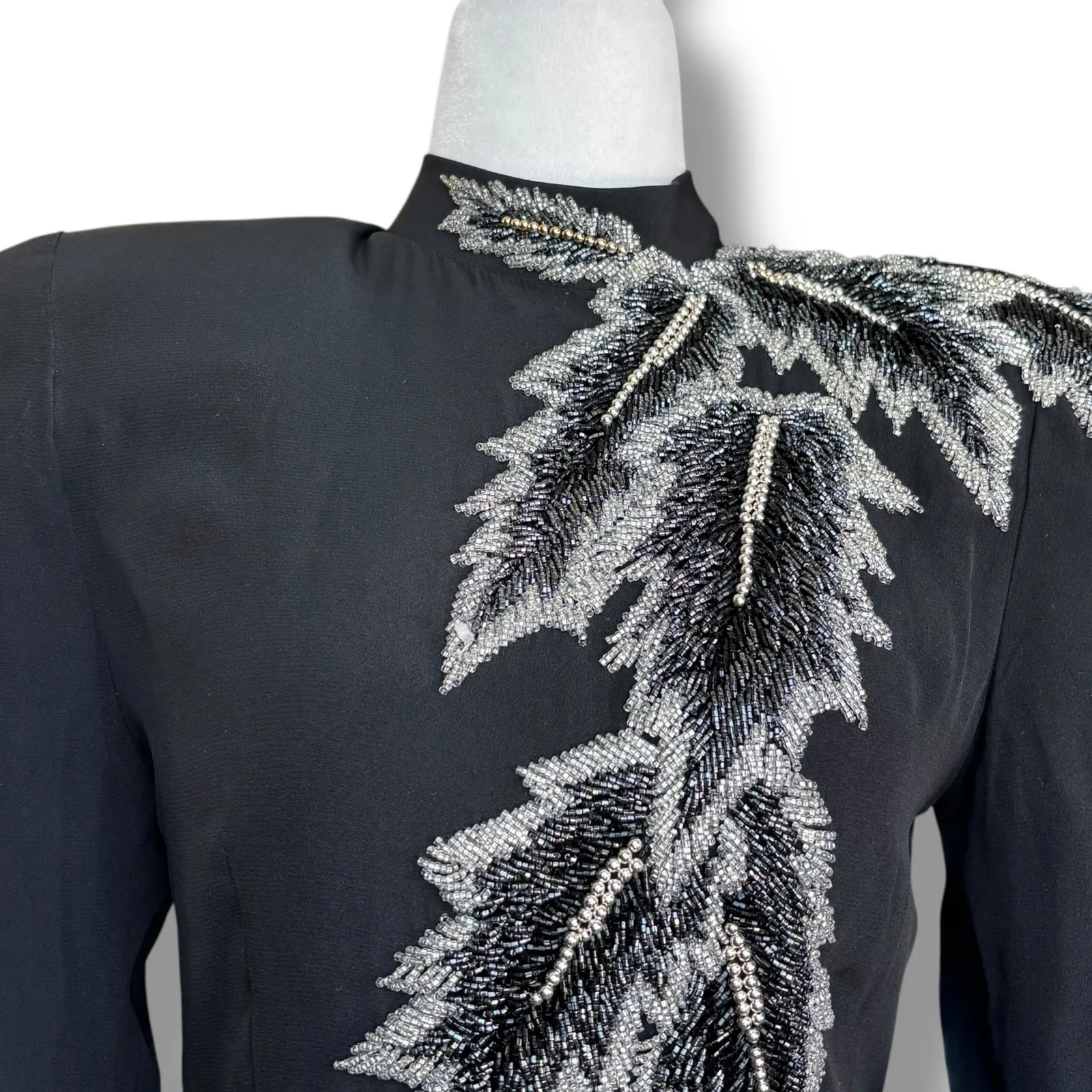 Black Pave Silk Beaded Long Sleeve Maxi Evening Gown Silver Leaf Size 4 Formal - Image 3