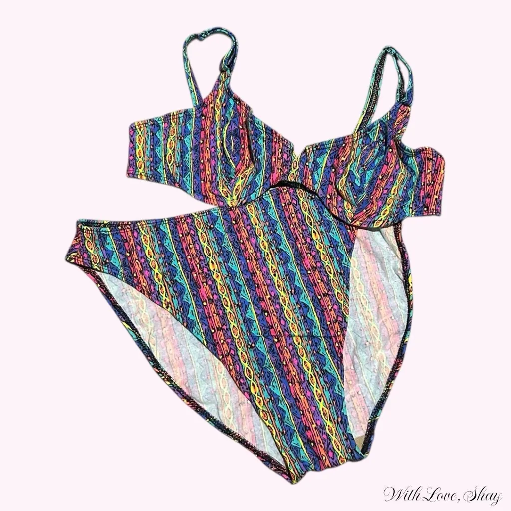 Deadstock 80s/90s vintage colorful retro pattern high leg swimsuit Size L - Image 2