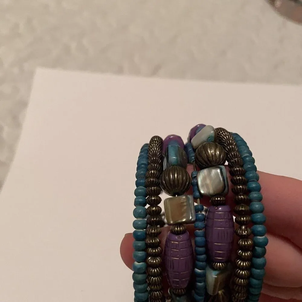 Statement Cuff Stretchy / Adjustable Bead Costume Bracelet Purple / Blue Beaded - Image 11