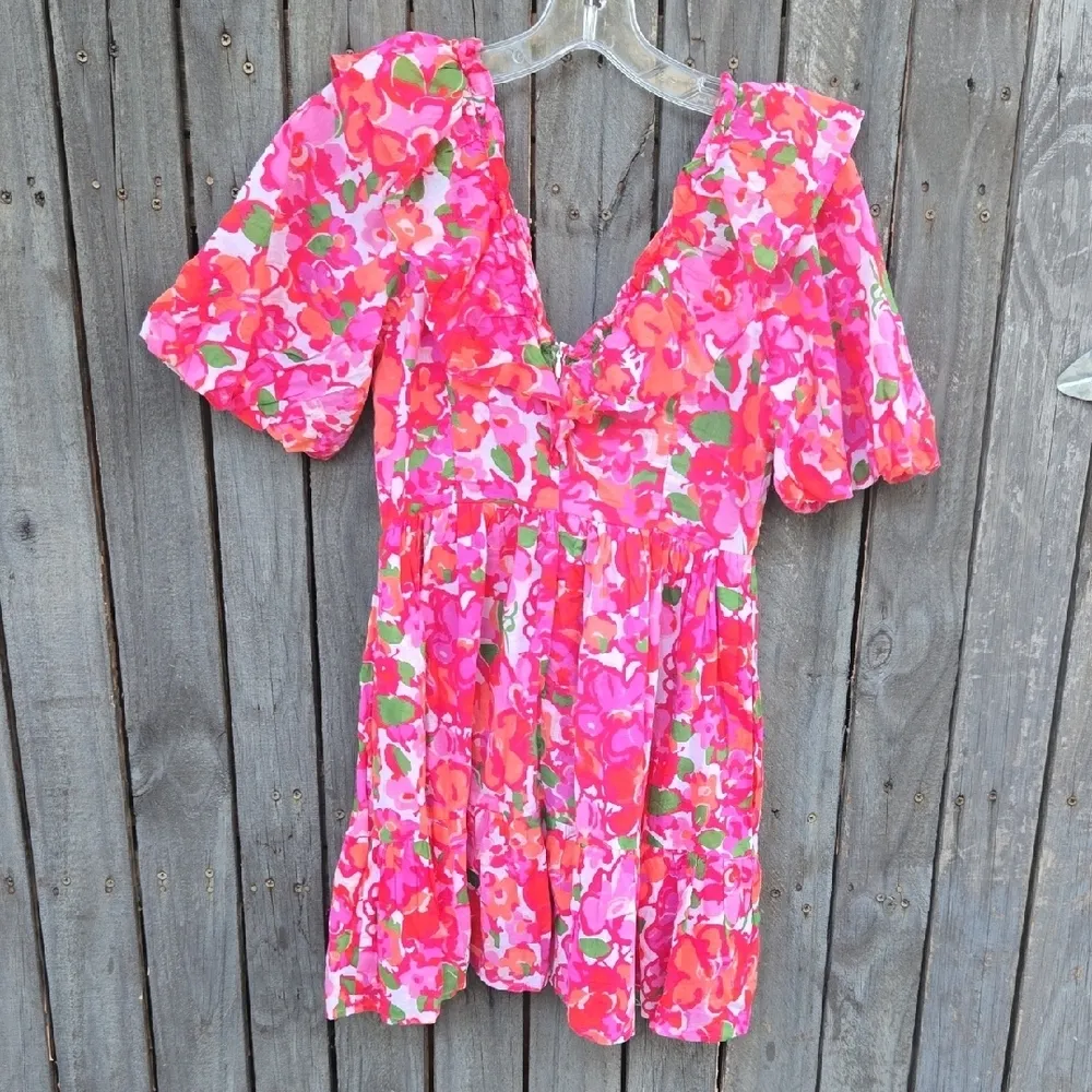 Banjanan Pink and Red Puff Sleeve Mini Dress Size XS - Image 5