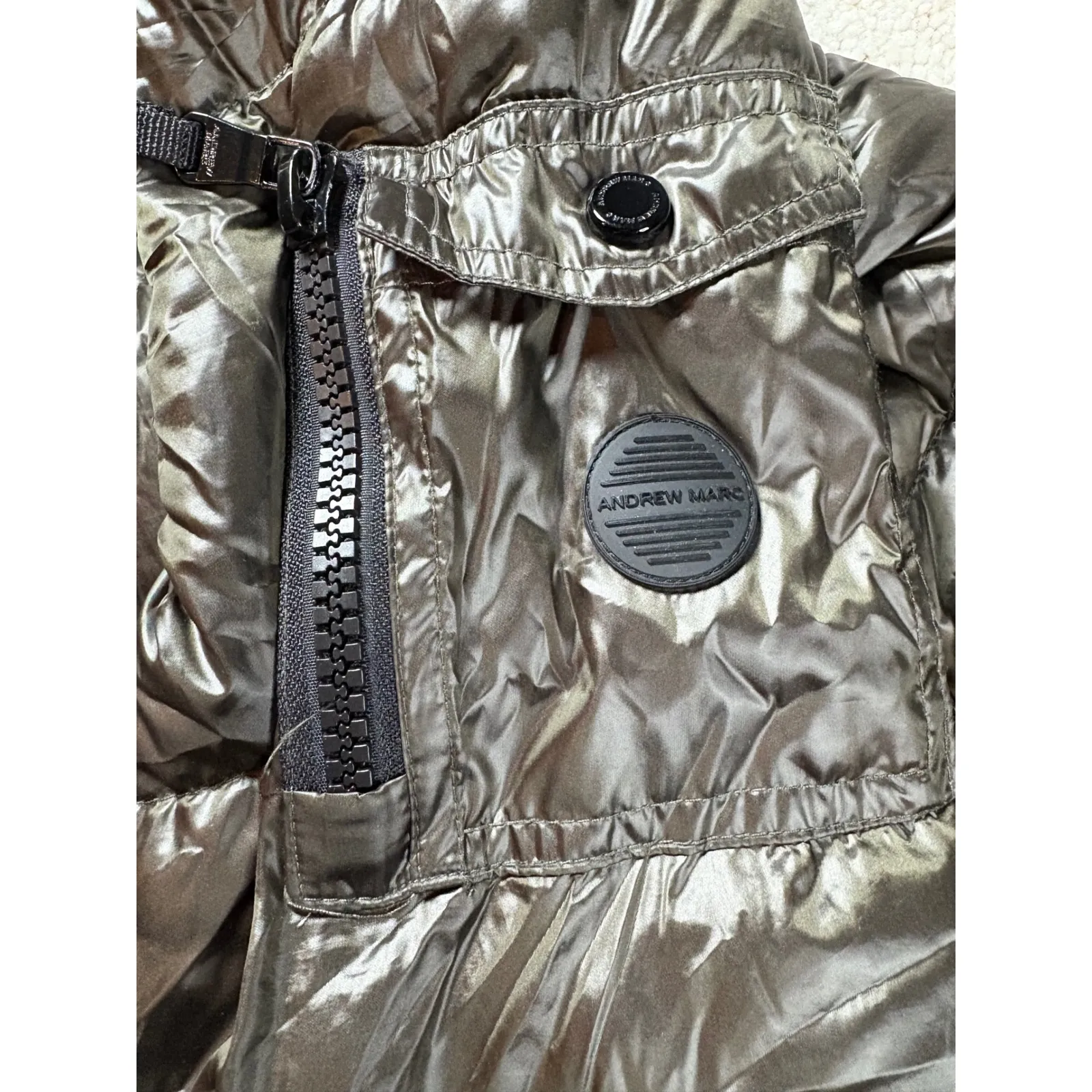 Andrew Marc Women Packable Lightweight Down Puffer Coat Hooded Metallic Bronze M - Image 11