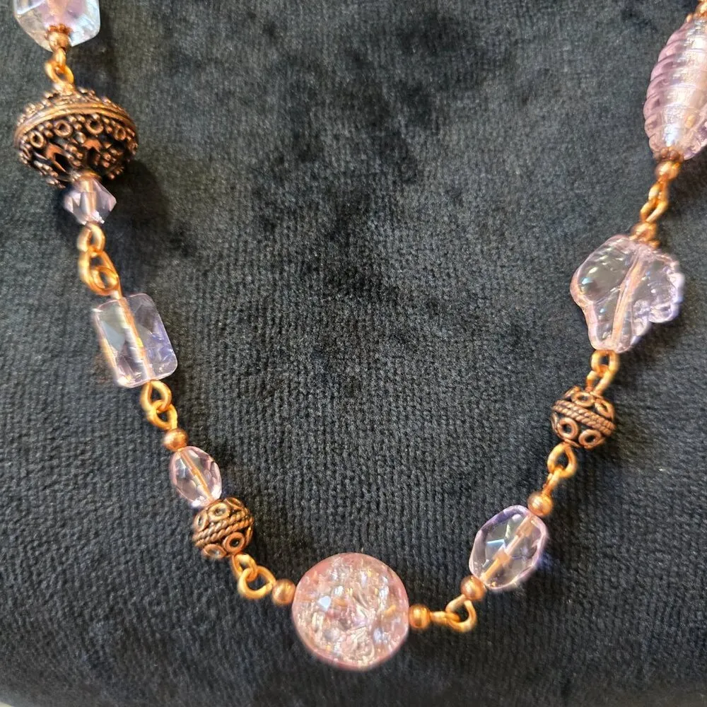 Womens Bright Pink Venetian Crystal Brown Round Metal Beaded Necklace - Image 3