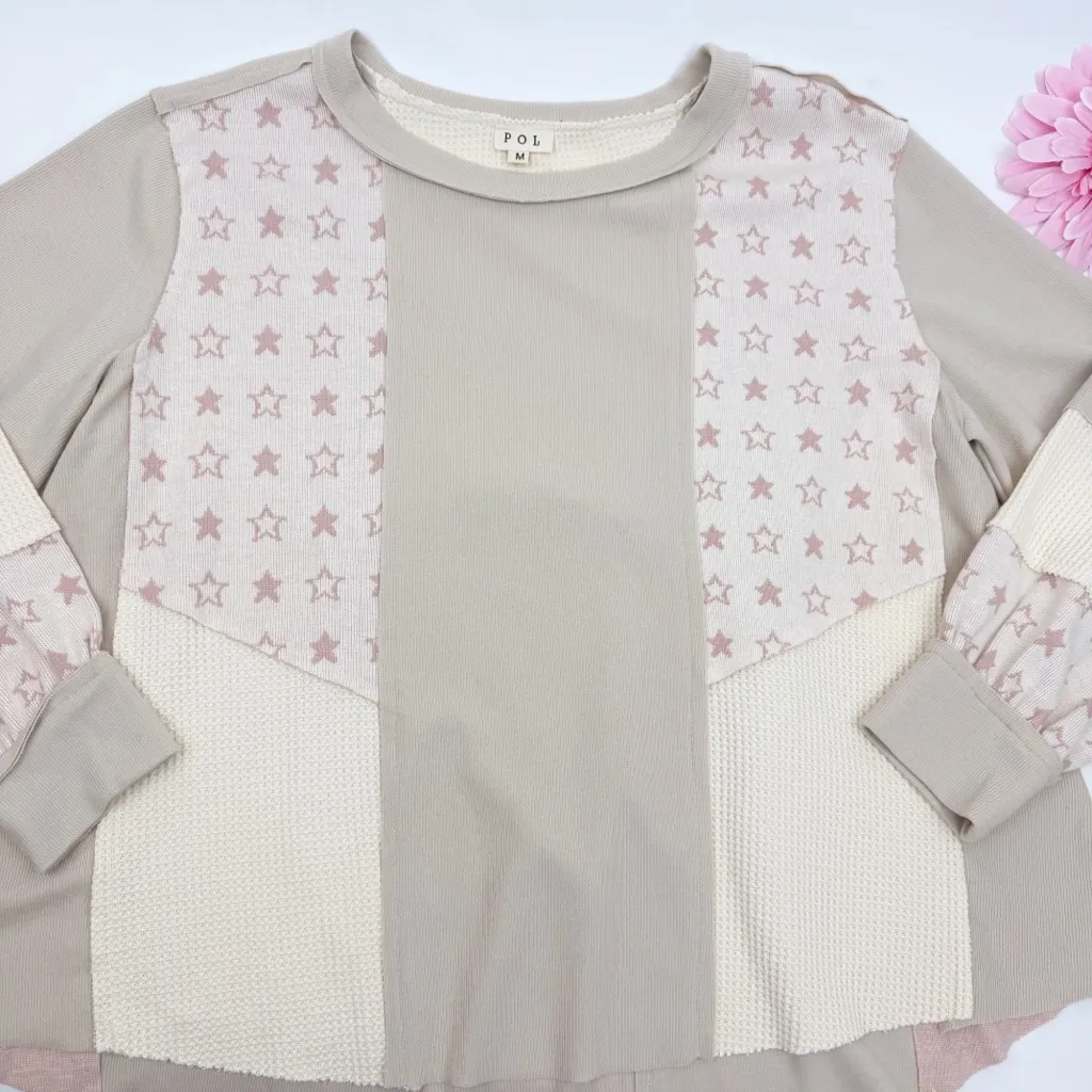 POL Oversized Patchwork Star Crewneck Pullover Long Sleeve Thermal Blush Ivory - Image 5