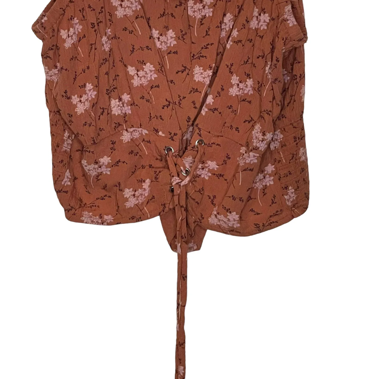 American Eagle Crop Top Size Medium Orange Floral Womens Stretch Bottom‎ Tie - Image 2
