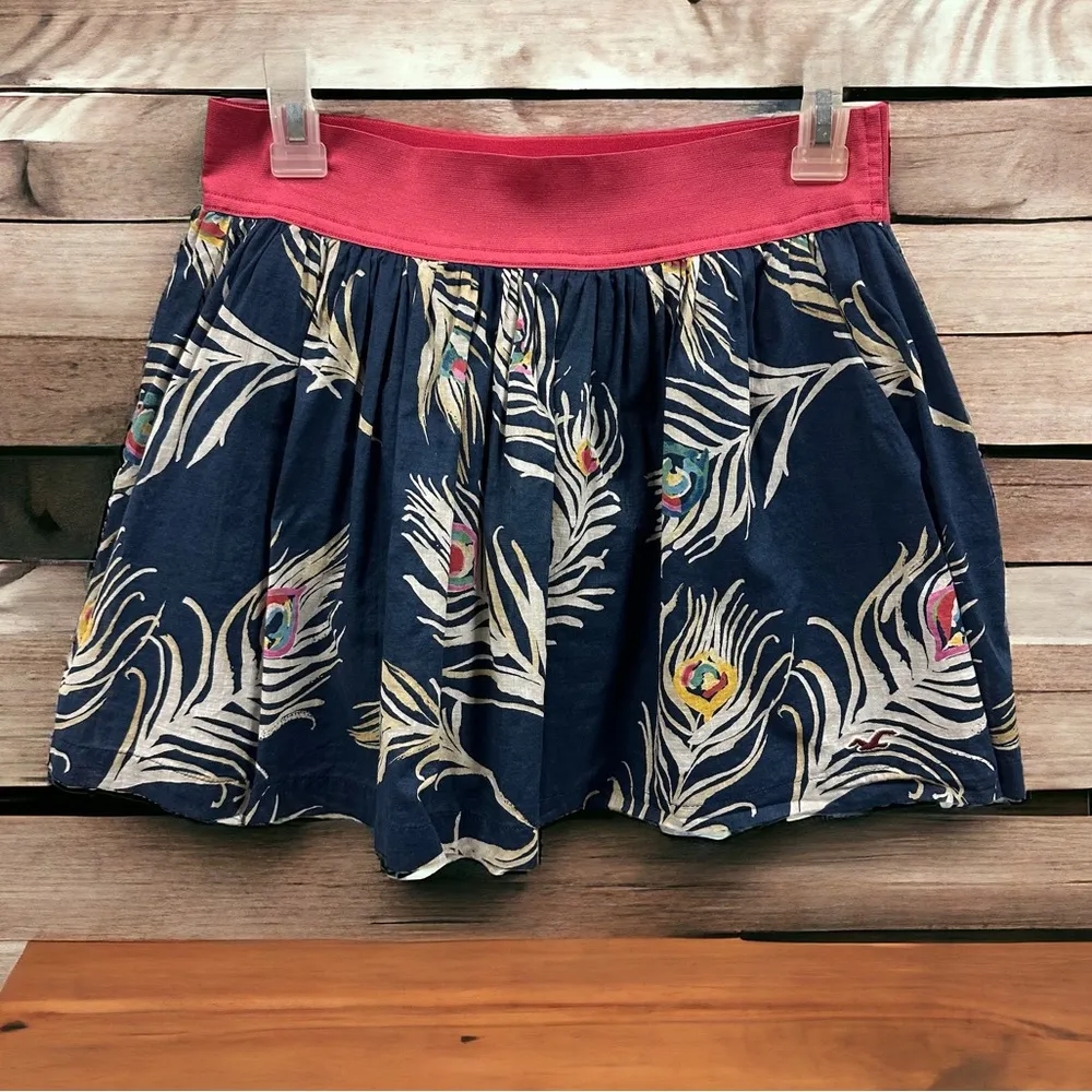 Hollister Elastic Waist Blue Pink Peacock Feather Print Mini Skirt Size Large - Image 7
