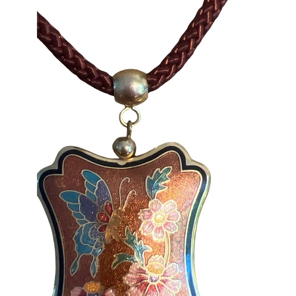 Vtg 60s Cloisonné Guilloché Enamel Butterfly Flowers Oriental Pendant Tassel Cor - Image 3