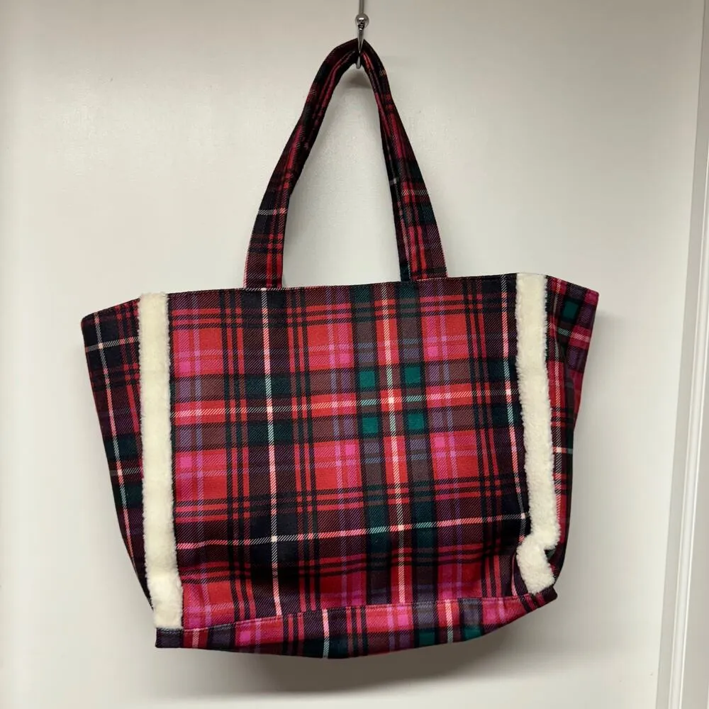 Victorias Secret Large Red Black Plaid Tote Bag Sherpa Trim Big VS Logo NEW - Image 2