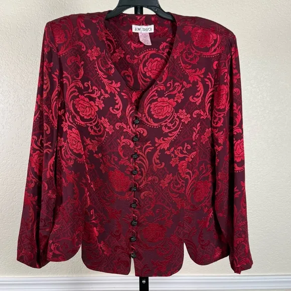 Elegant Jacquard Long Sleeve Blazer Blouse Red Black Raised Floral Shoulder Pads - Image 1