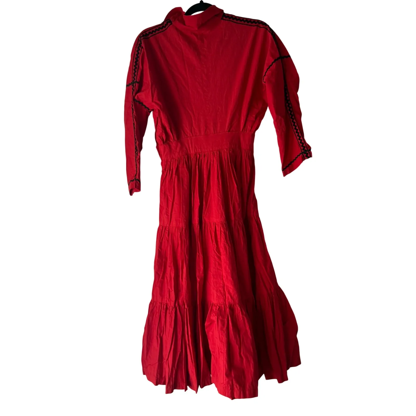 Vintage Handmade 1960s Red Maxi Dress Black Embroidery Tiered Dress Indigenous - Image 5