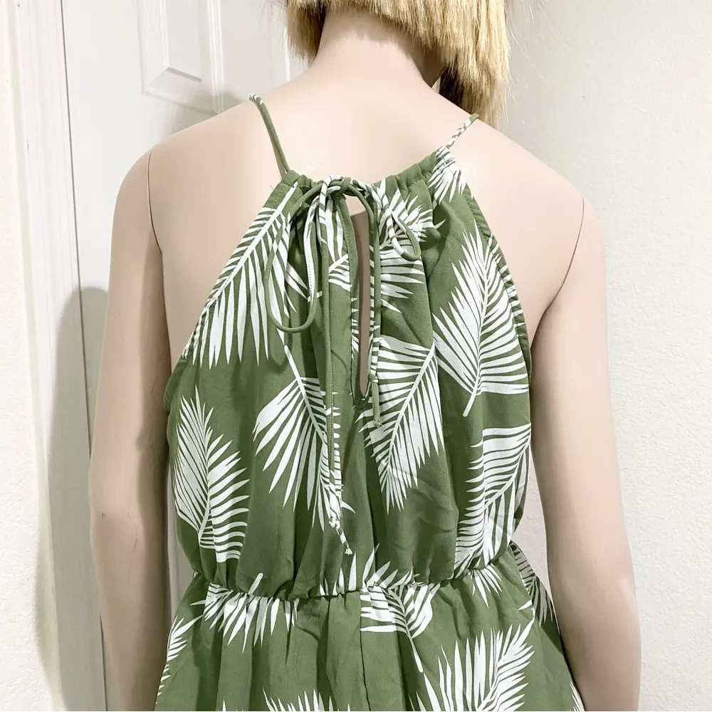 CAMELLIA Olive Green Leaf Print Mini Dress Size M Size M - Image 4