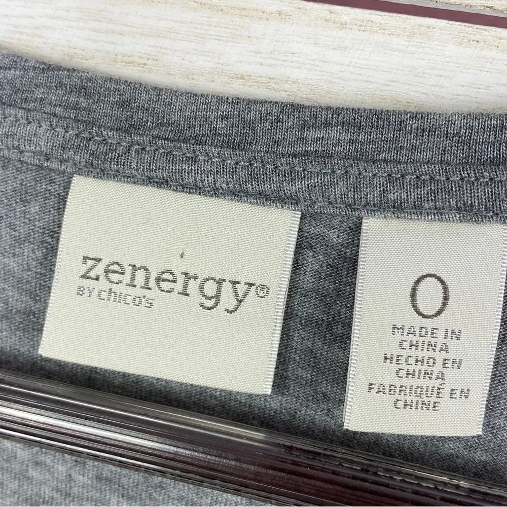 Zenergy‎ by Chico’s Foil Damask Print Velvet Trim Shirt Gray Gold Small - Image 8