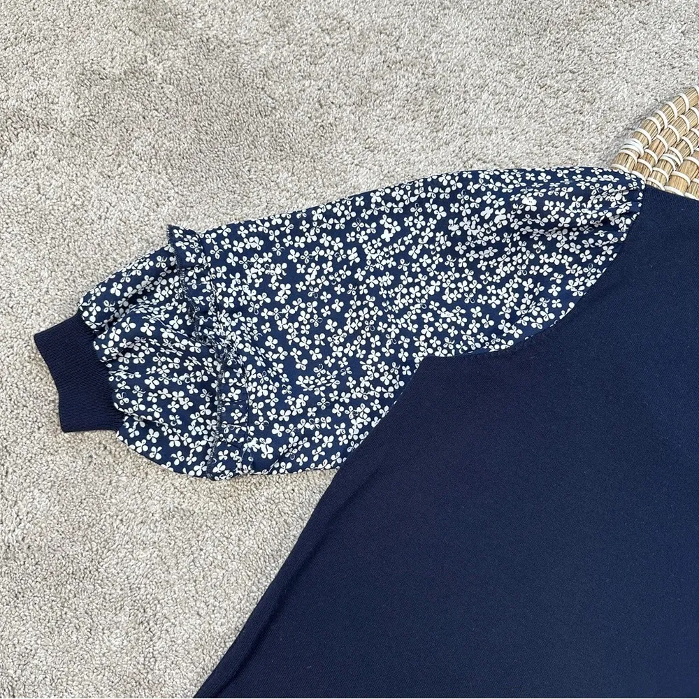 Adrianna Papell Sweater Blouse 3/4 Balloon Sleeve Floral Ruffle Neck in Navy S - Image 5