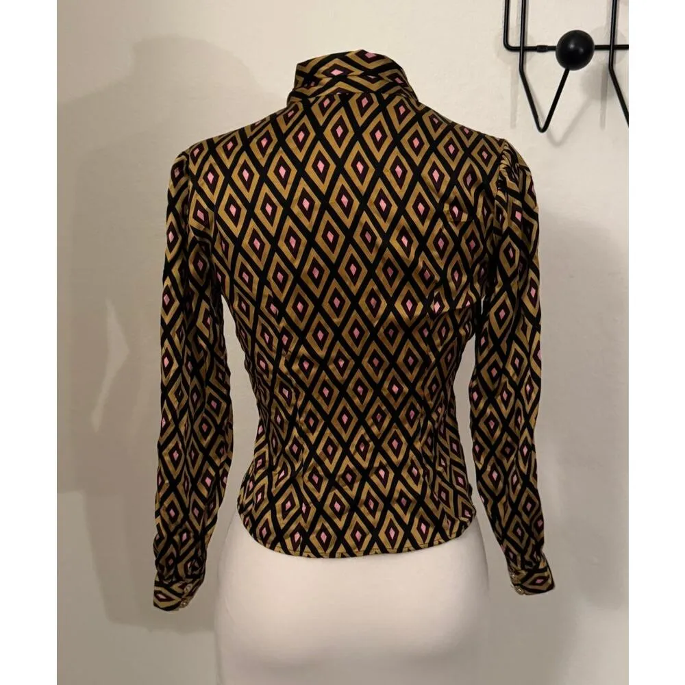 Milly of New York Gold Diamond Geometric 100% Silk Blouse Size 0 - Image 2