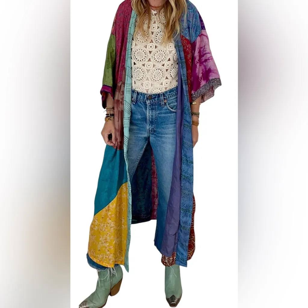 Sacred Threads  100% Silk Patchwork Kimono Duster Robe XL Boho Festival Rare GUC - Image 15