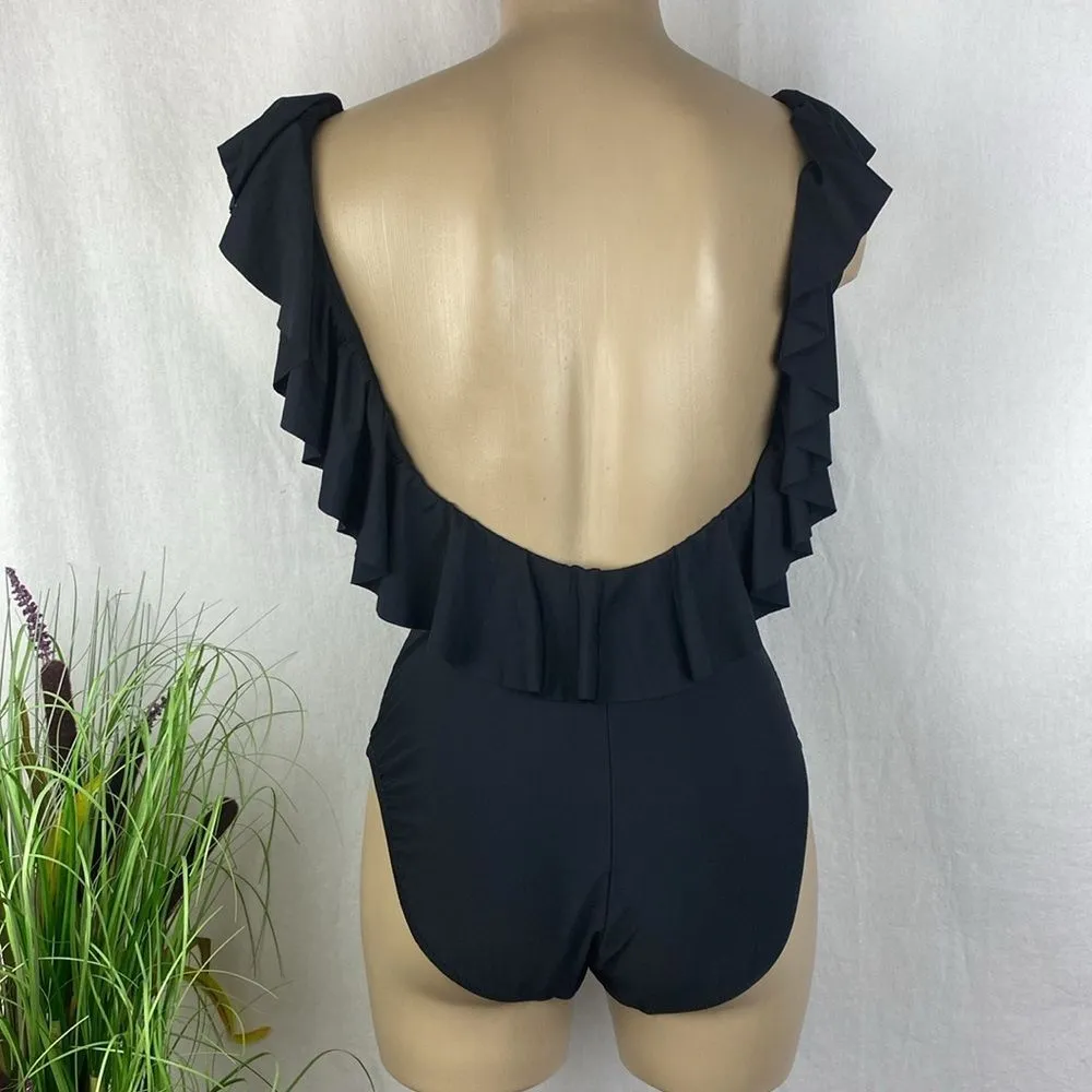 J Crew Black Ruffle Shoulder Scoop Neck 1 Piece Swim Bathing Suit 2 - Image 3