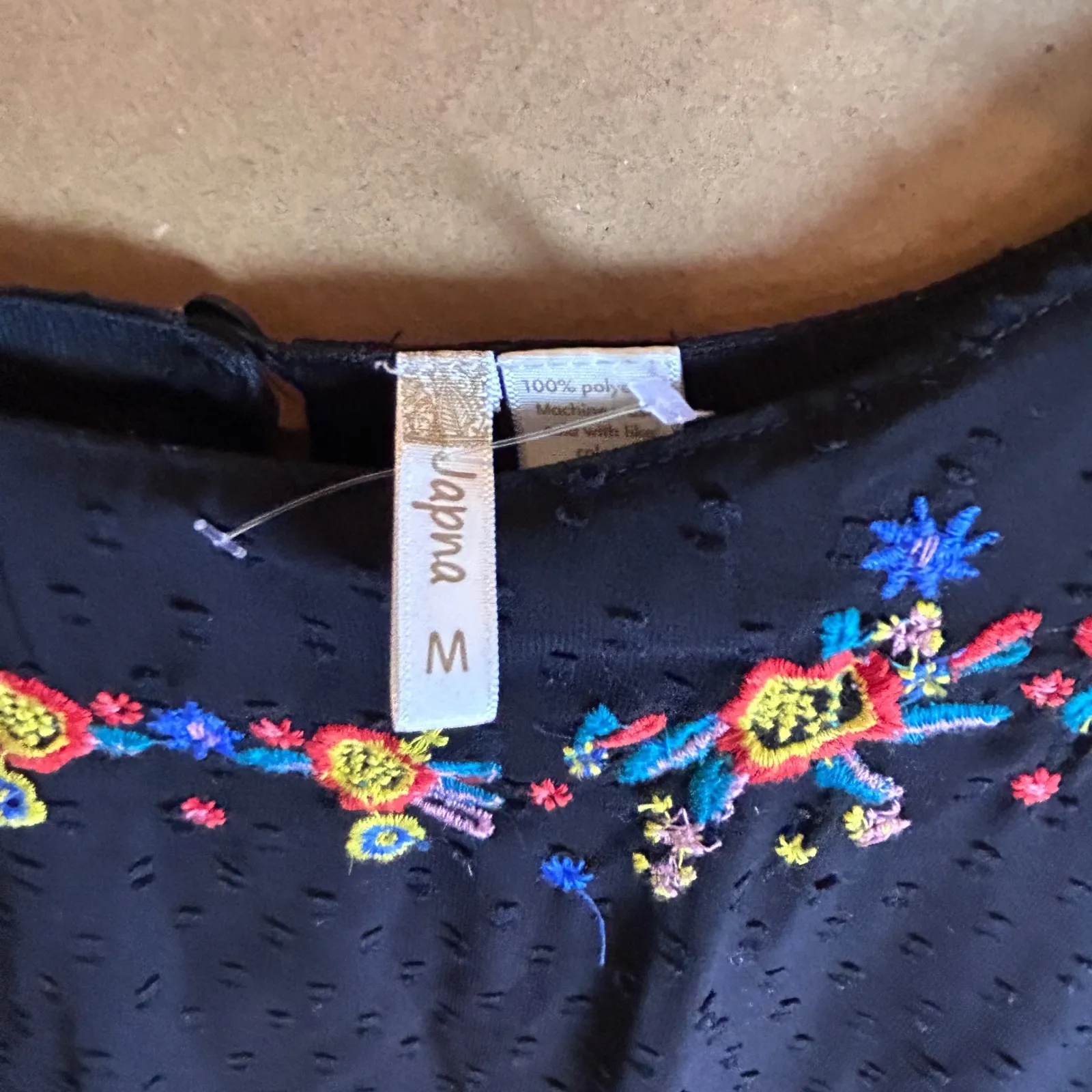 Japna Black Embroidered Flower Mini Dress Long Sleeve Ruffle Size M - Image 4