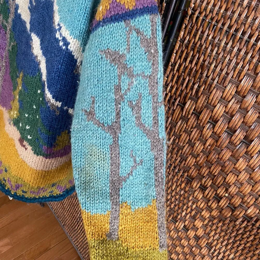 One Size Fits Many//Vintage 90s Novelty Wool Cardigan Sweater Mountain Bear Blue Size M - Image 4