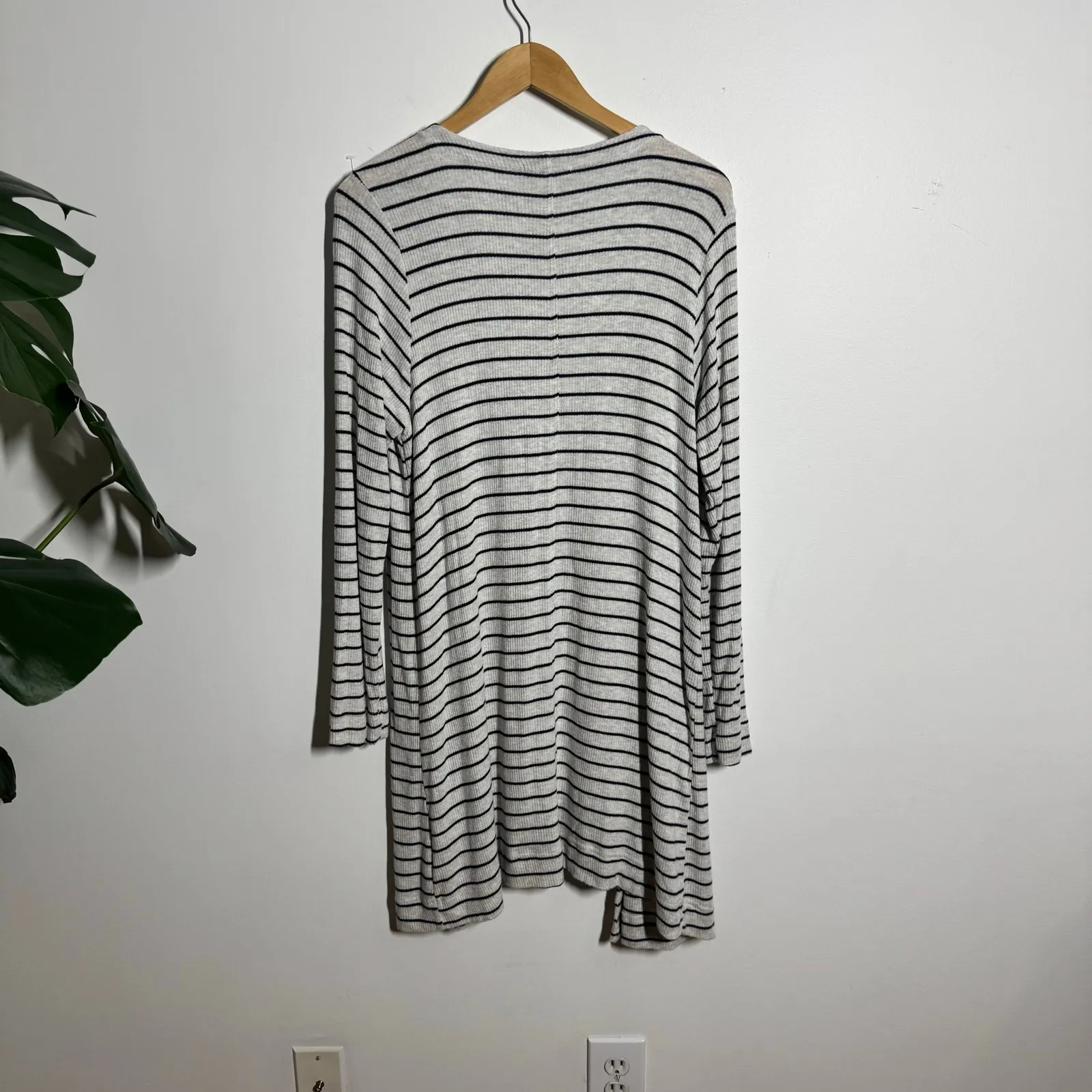 Fresh Produce Open Front Cardigan Sweater Women L Gray Blue Nautical Stripe USA - Image 2