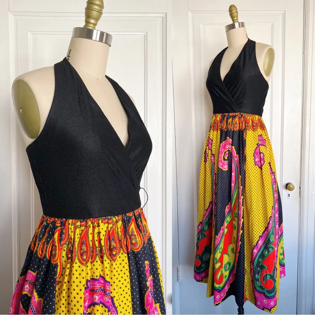 vintage • Don Jillette halter midi dress vibrant paisley psychedelic 60s 70s Black Size XS - Image 5