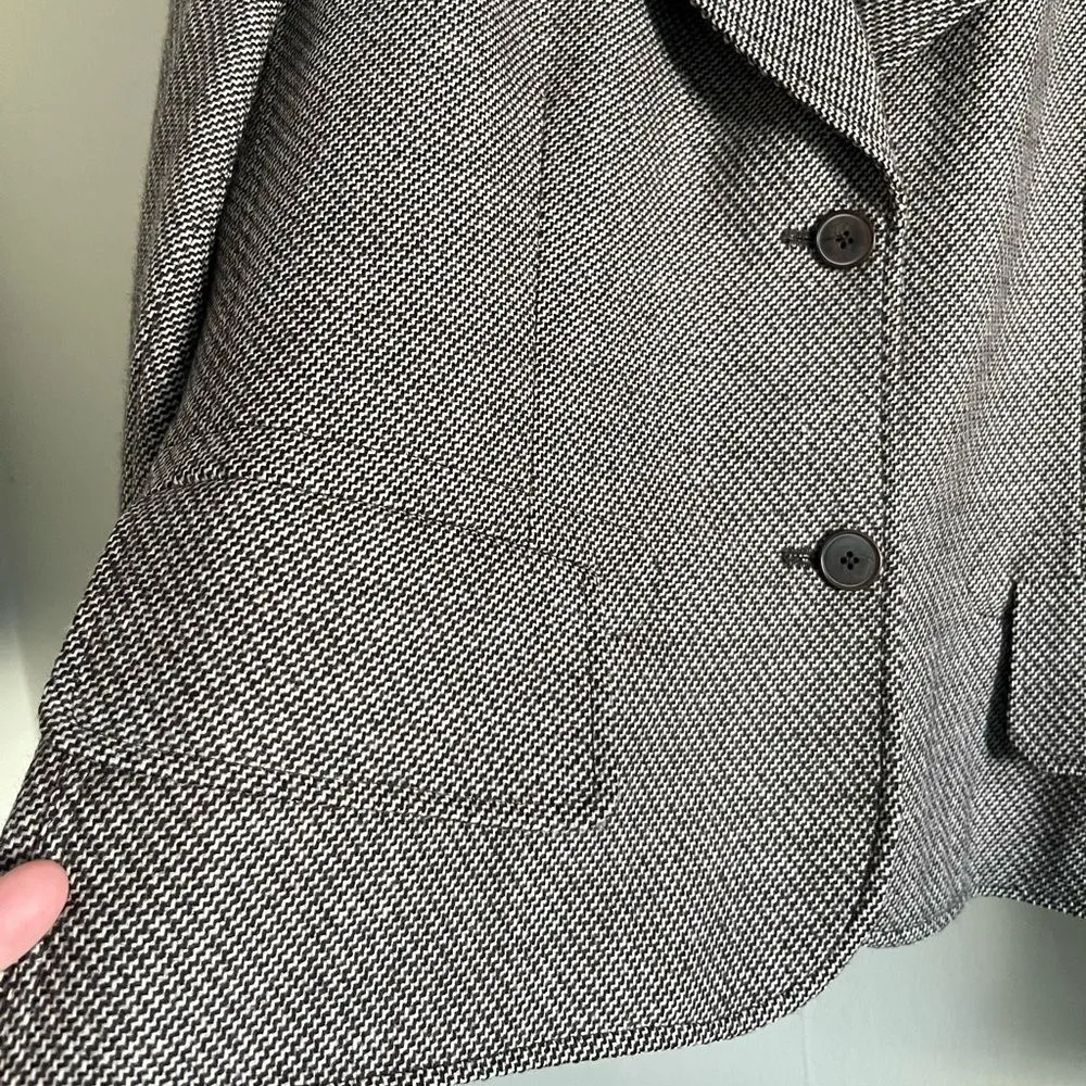 Vintage Harvé Benard Blazer L Herringbone Faux Leather Trim 90s Y2K Brown Size L - Image 4