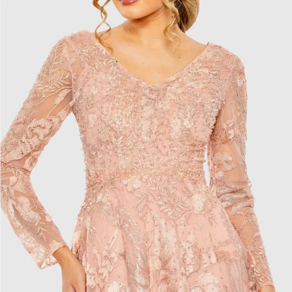 MAC DUGGAL  20214 Pink Embellished Long Sleeve V Neck A Line Gown - Image 3