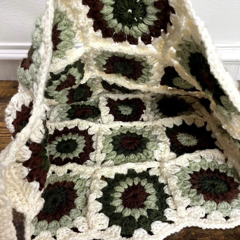 Crochet Granny Square Floral Handmade Tote Shoulder Bag Purse Earth Tone Boho - Image 4