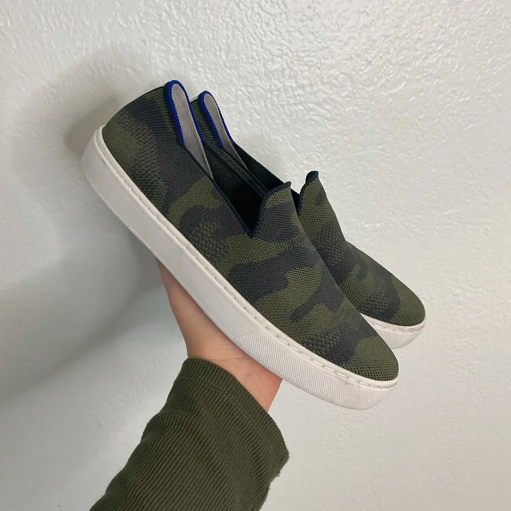 Rothy's The Original Slip On Sneaker in an olive green and navy camo pattern - Image 2