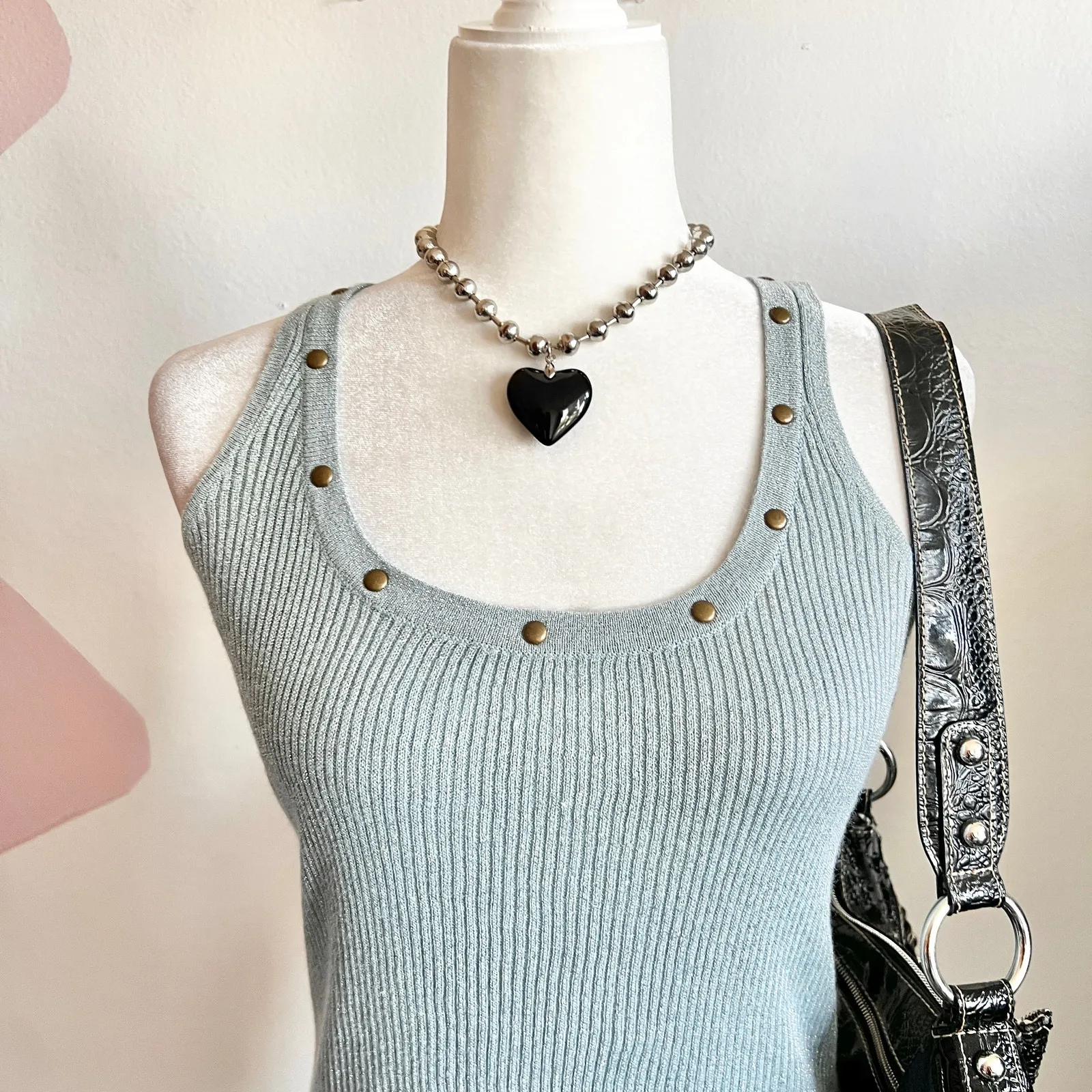 Blue Studded Ribbed Tank Top Y2K Grunge Edgy 2000s Clubwear Emo Punk‎ Medium - Image 2