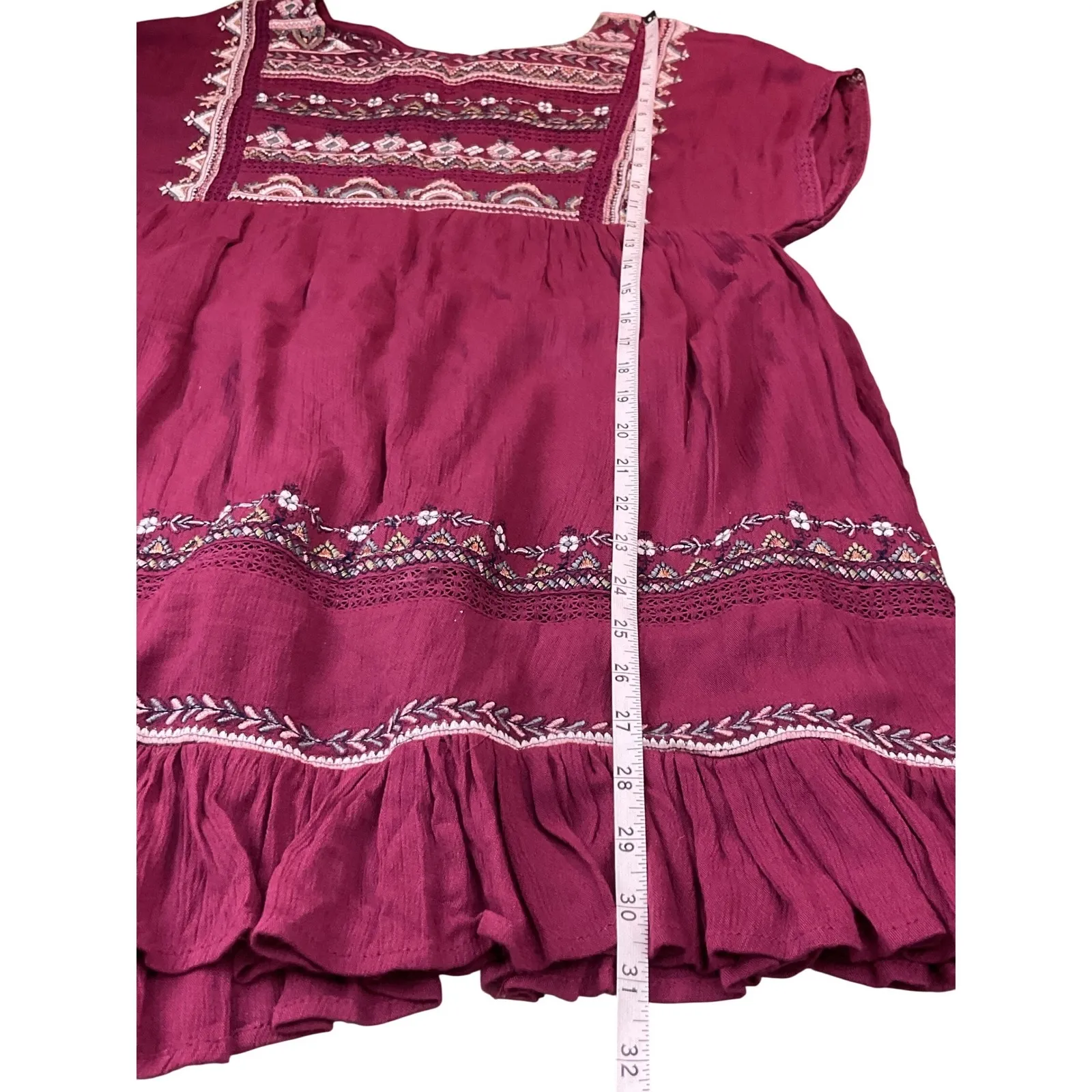 Free People Embroidered Ruffle Hem Mini Dress Burgundy Size SP - Image 6