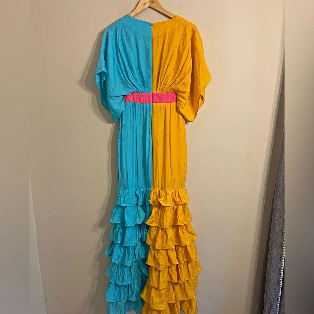 Vibrant Colorblock Ruffle Maxi Dress NWT Resort Wedding Guest Gown Small - Image 9