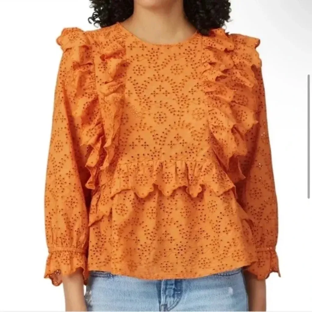 The Great Eyelet Ruffle Flutter Top Womens 3 Rust Orange‎ Cotton Keyhole Back Orange Size undefined - Image 2