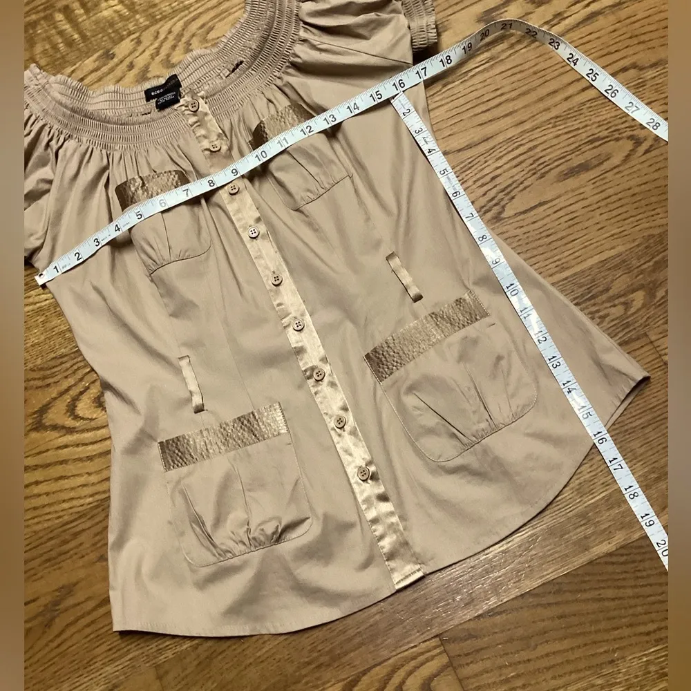 BCBGMAXAZRIA satin trim blouse. Dark tan/brown. Medium - Image 9