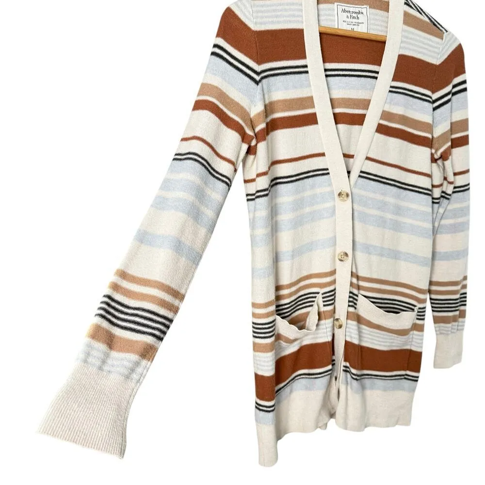 Abercrombie & Fitch Striped Cardigan Grandpacore Sweater Brown Cream‎ Blue, M - Image 6