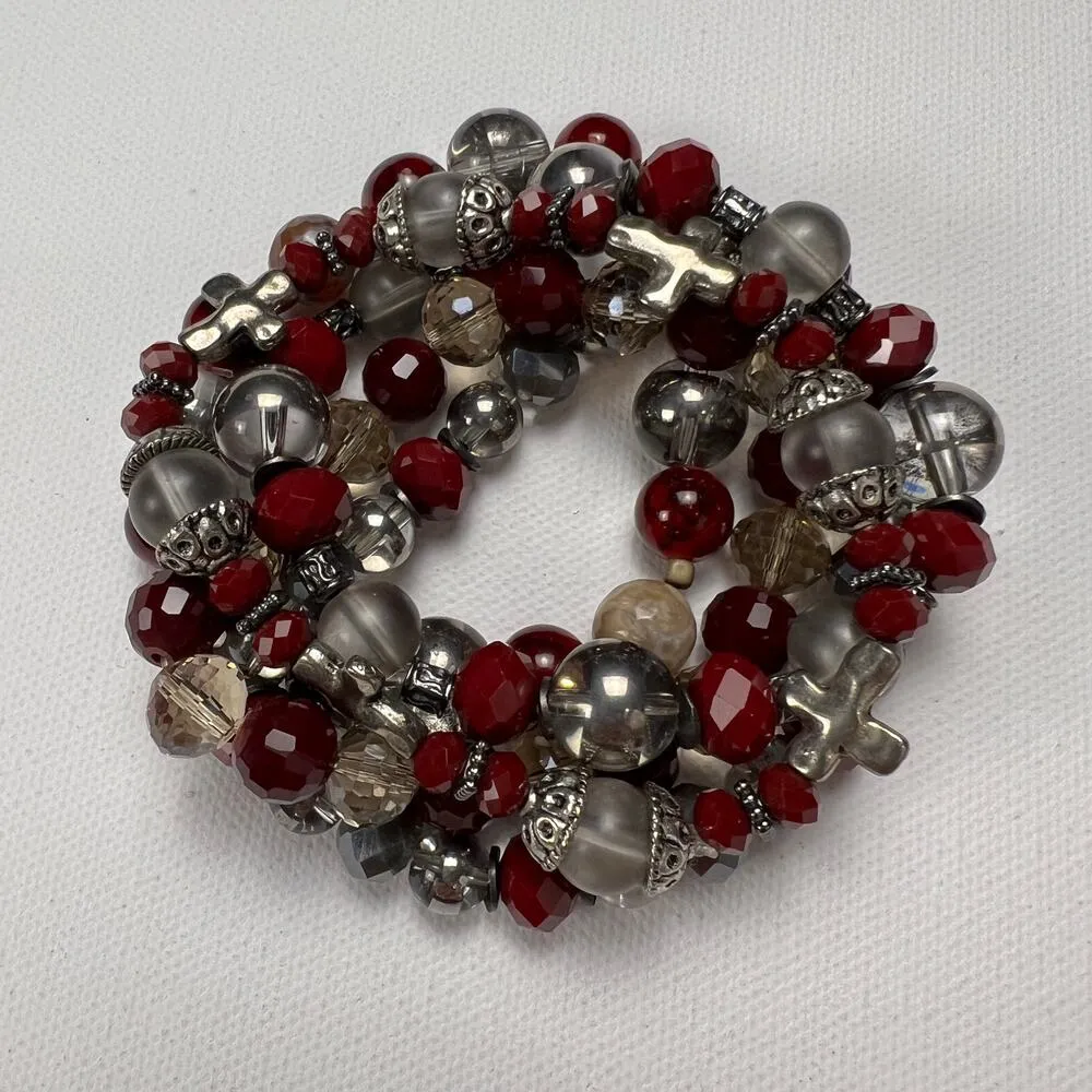 Handmade Beaded Bracelet Set of 5 Deep Red Smoky Gray Silver Tone with Crosses - Image 2