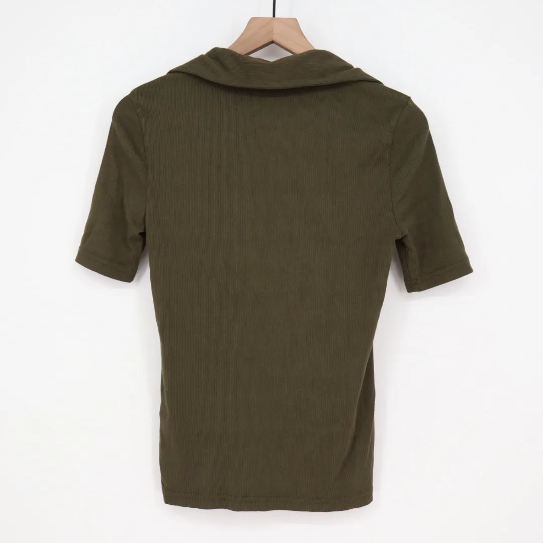AMERICAN GIANT Olive Green Ribbed Collared Short Sleeve Top Size S Made USA - Image 7