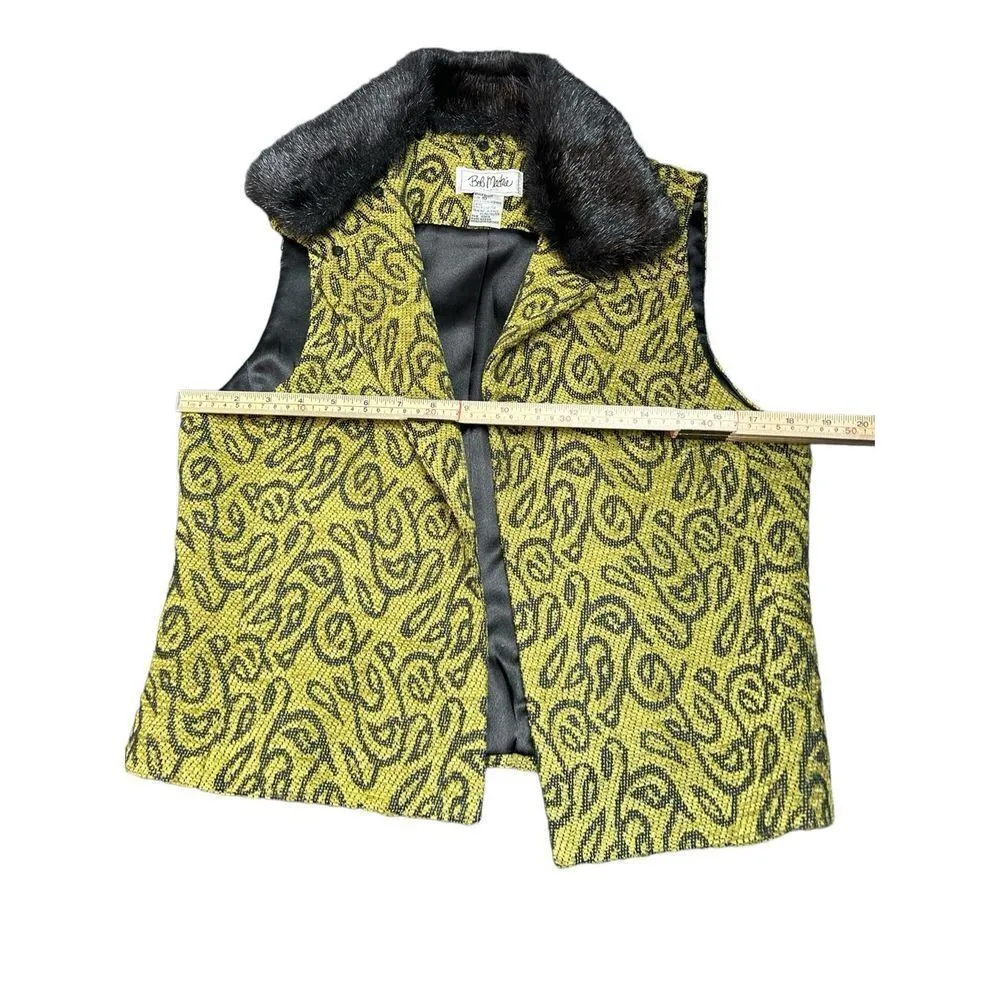 Vtg BOB MACKIE STUDIO green/yellow & Black Tapestry Vest Removable Faux Fur Coll - Image 7