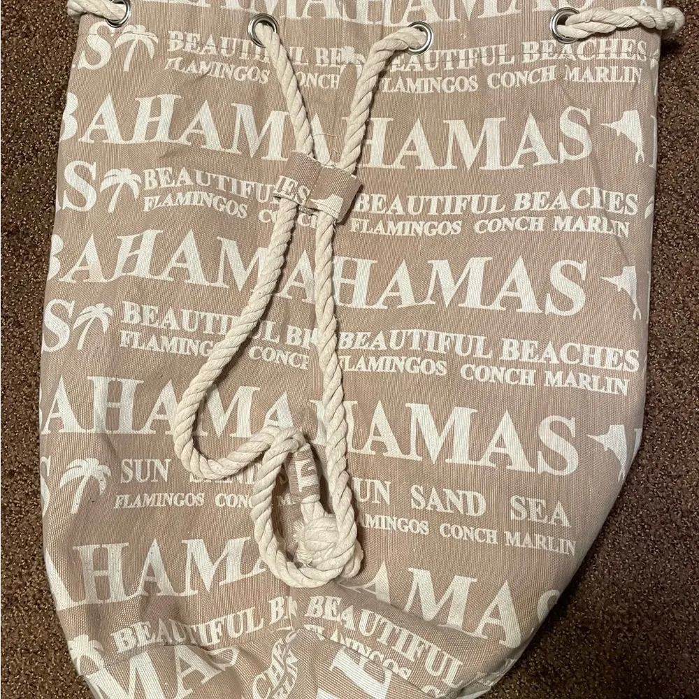 Bahamas Drawstring Rope Beige Backpack Pouch Tote Vacation Beach Bag - Image 2