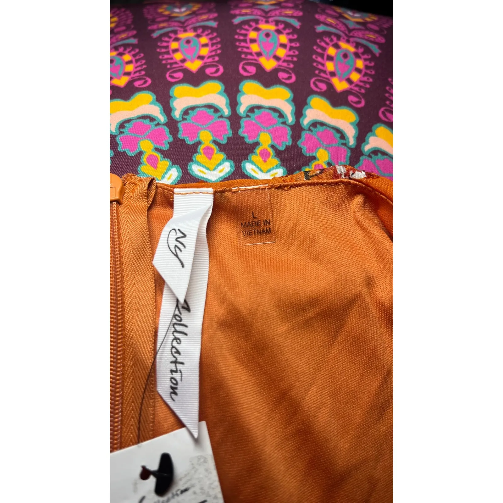 NY Collection Orange Floral Print Midi Chiffon Dress Smocked Waist Long Sleeve L - Image 8