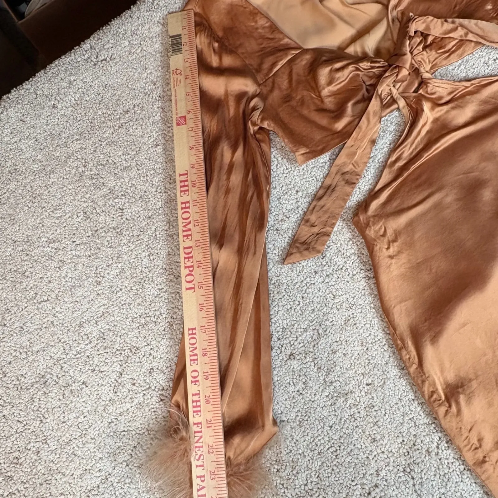 Revolve x Camila Coelho Krista Tie Front Feather Sleeve Gold Satin Mini Dress Sm - Image 6