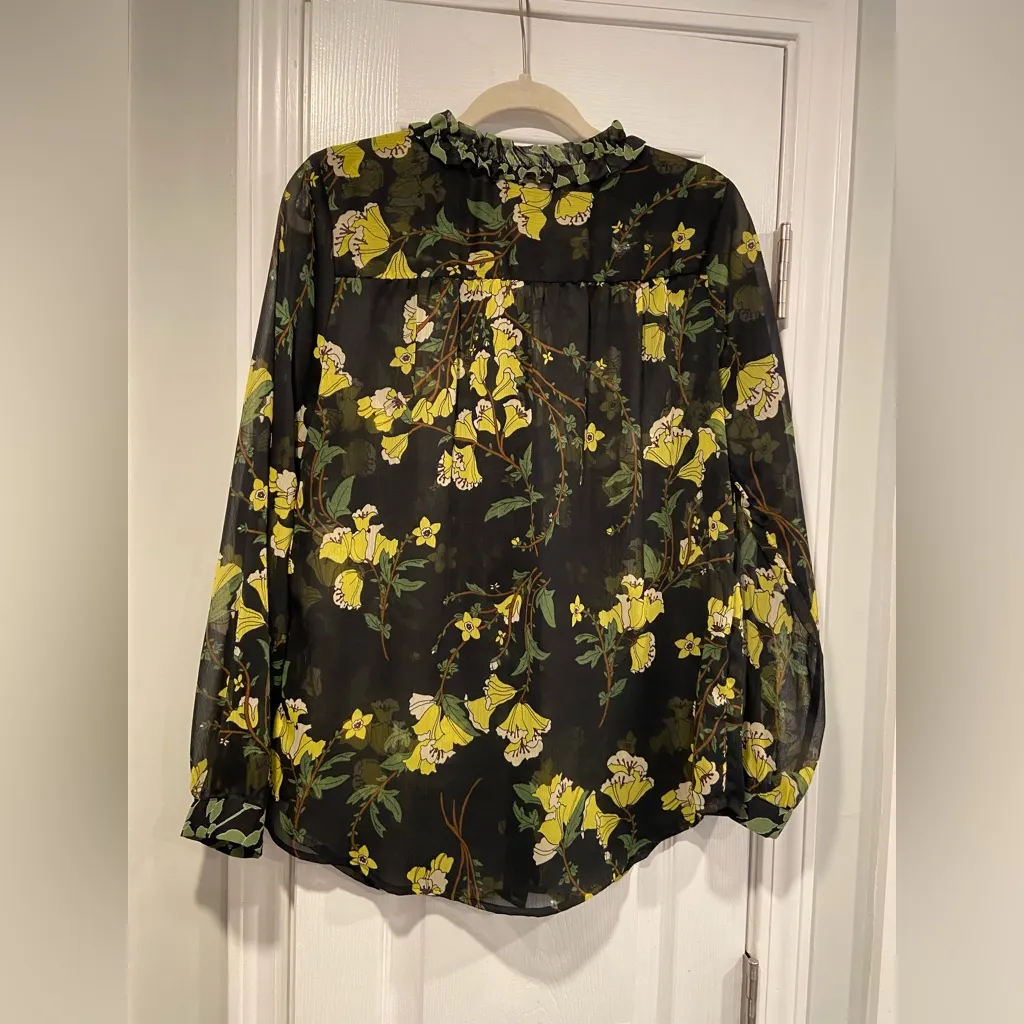 Who What Wear Size M Black Floral Sheer Bow Tie ruffle Collar Long Sleeve Top - Image 7