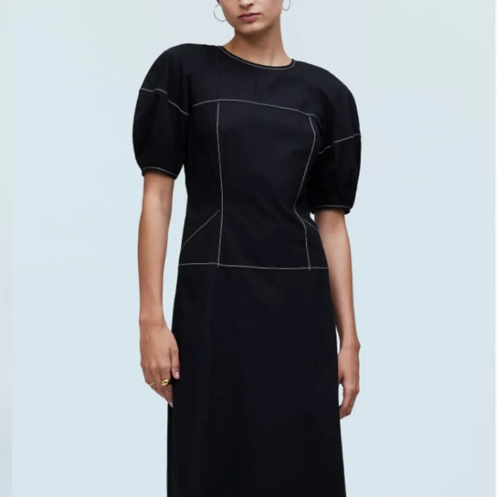 Madewell Size 12 Poplin Cotton Puff-Sleeve Drop-Waist Midi Dress Summer LBD‎ NWT - Image 9