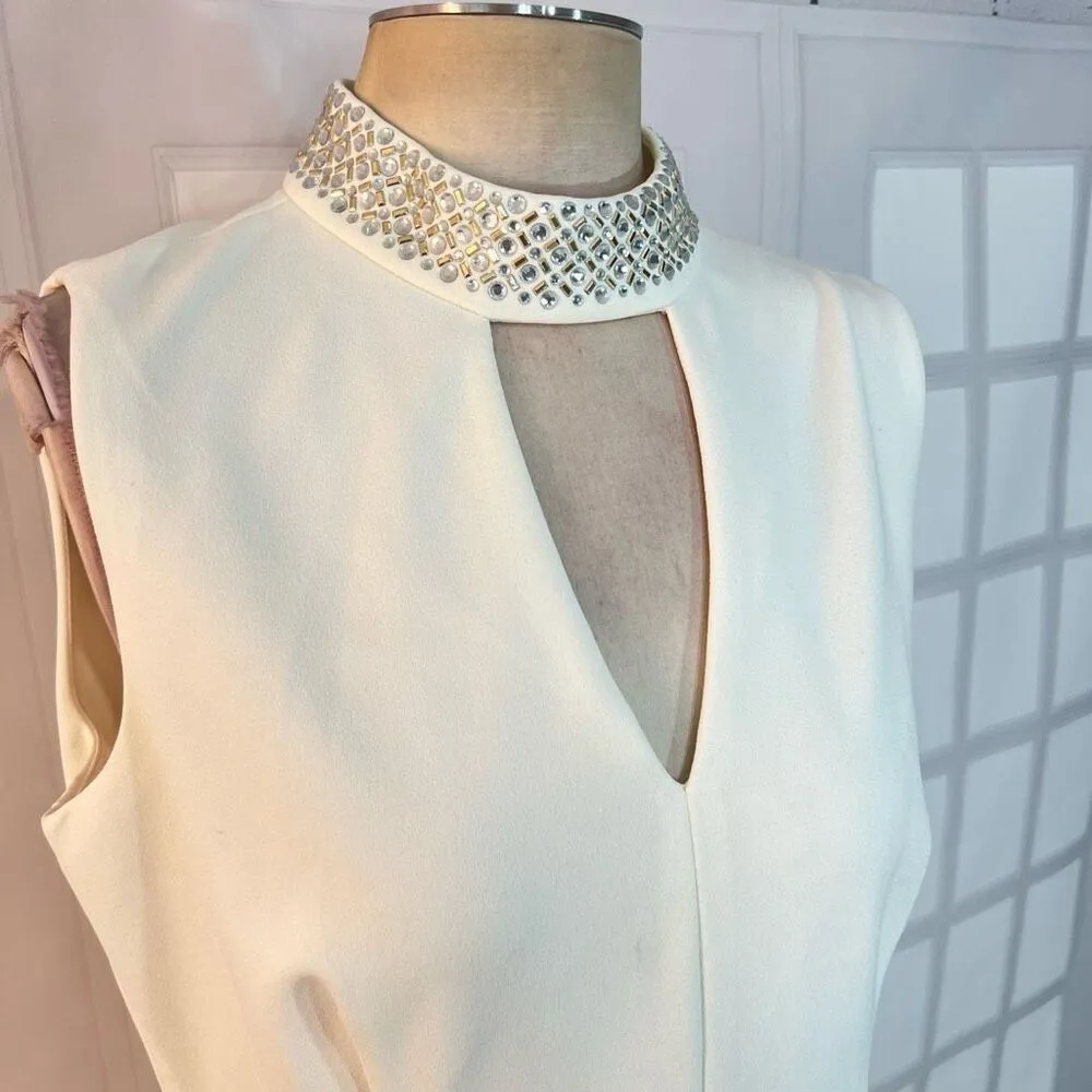 Calvin Klein Off White Sleeveless Embellished High Neck Fit & Flare Dress Sz 12 - Image 2