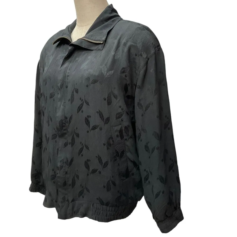 Vintage Fuda International‎ Full Zip Bomber Jacket Sz S Black Gray Leaf Pattern - Image 2