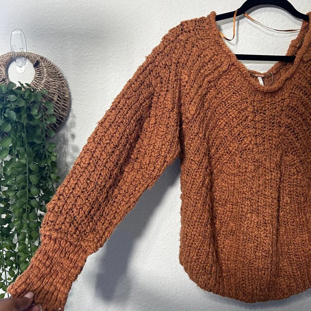 NEW Free People In A Swirl Chunky Pullover Sweater Cinnamon Brown Blouson Sleeve - Image 6
