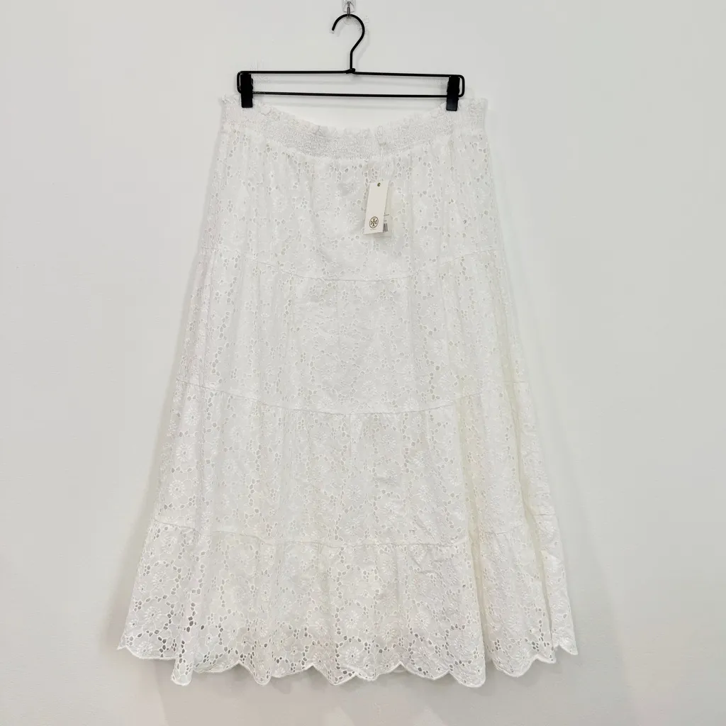 Tory Burch Broderie Smocked Skirt Eyelet Lined in White NWT size XL - Image 2