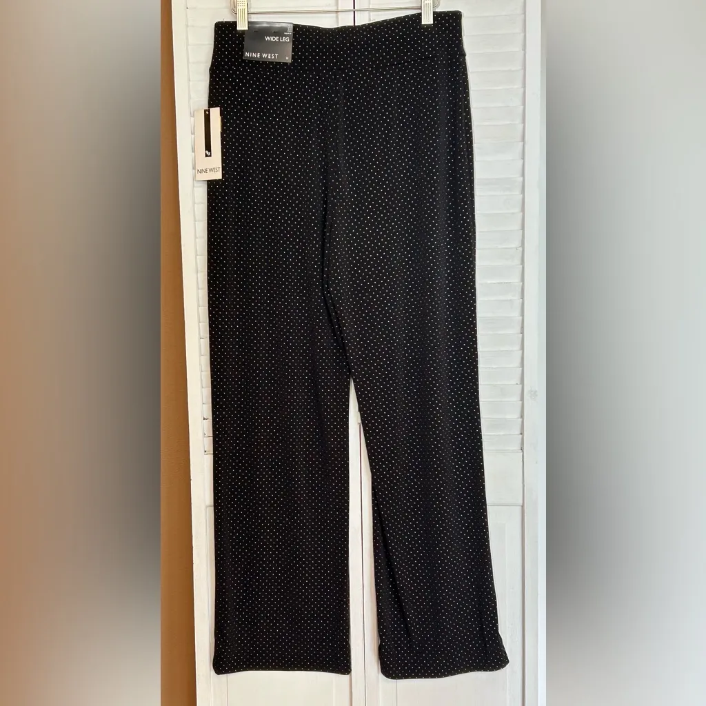 Nine West black gold studded wide leg flowy palazzo pull on pants NWT medium - Image 11