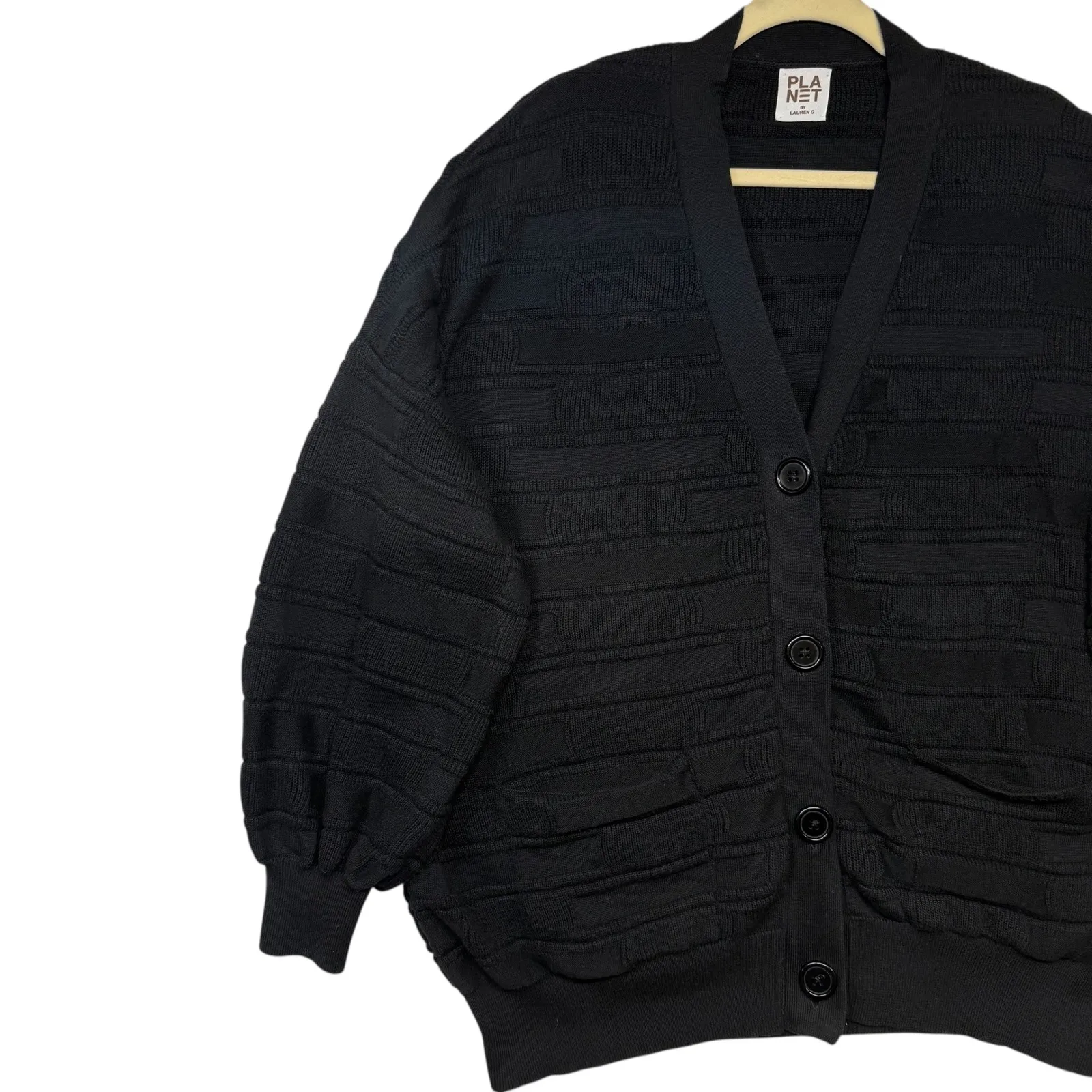 PLANET BY LAUREN G Black Textured Knit Oversized Cardigan Sweater OS Size undefined - Image 4