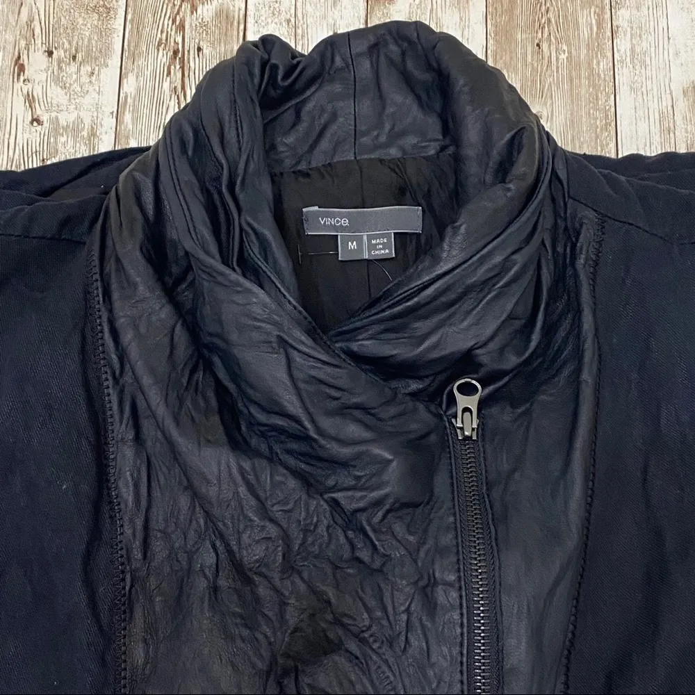 VINCE Black Leather Trim Linen Blend Asymmetrical Vest - Image 8