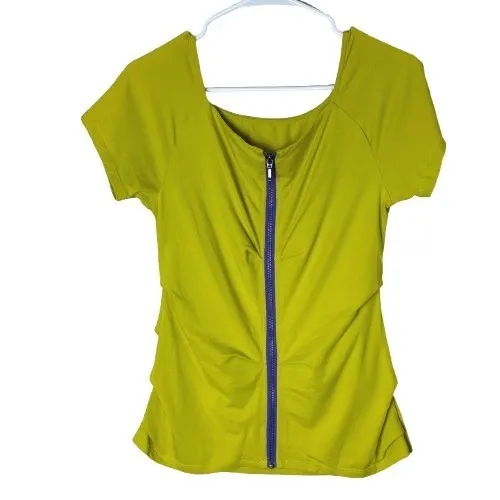 Soft Surroundings Ruched Zip Back Top Chartreuse Yellow Green Tee Size Medium - Image 2